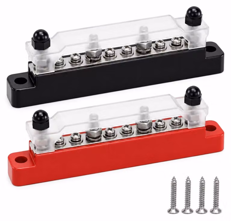 2 blocchi distributori per barre collettrici da 150A, compatibili con tensioni da 12V a 48V, con copertura