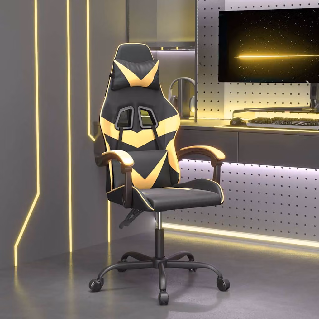 Sedia da Gaming vidaXL in Similpelle Nera e Oro con Poggiatesta e Ruote