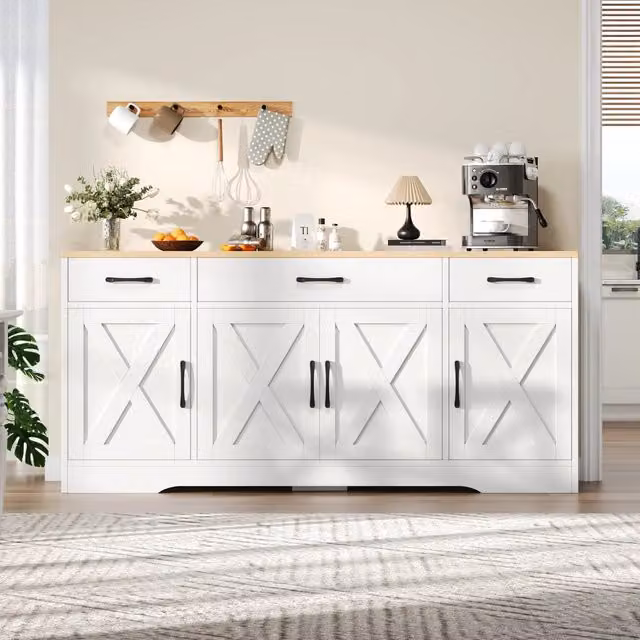Credenza bianca in MDF con 3 cassetti e 4 ante in stile industriale per soggiorno e ingresso L: 160 cm, P: 37 cm, H: 75 cm
