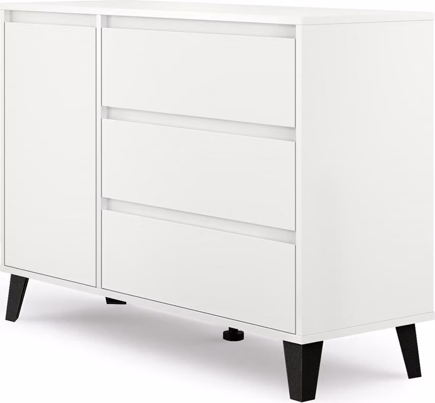 VBChome Comò con 1 anta e 3 cassetti 110 x 39 x 78 cm Bianco Comò senza maniglie Armadio multiuso per corridoio Camera da letto Soggiorno Camera dei bambini Moderno