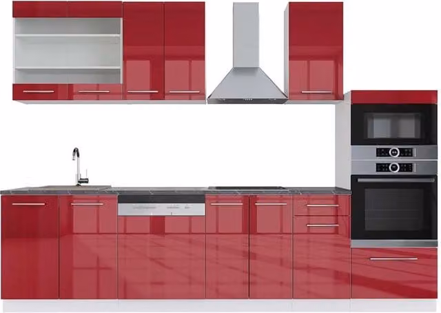 Cucina componibile Fame-Line Vicco Bordeaux lucido e Bianco con armadio alto e piano Antracite, L: 300 cm