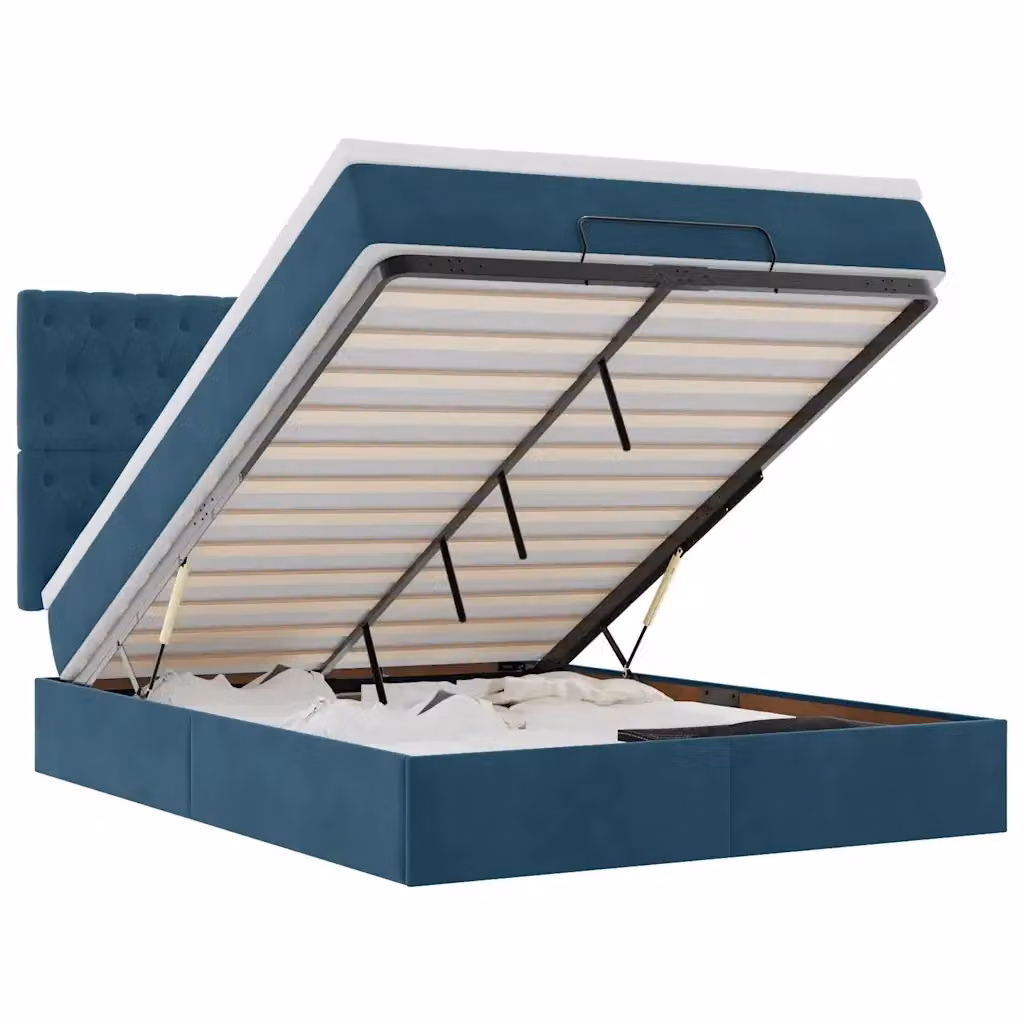 Letto con contenitore a sollevamento vidaXL in velluto blu e bianco con illuminazione sottostante e porte USB, L/P/H: 193 x 144 x 128 cm – 2