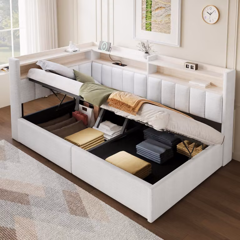 Divano letto Flieks 90x200 cm con USB, divano letto con illuminazione LED, letto a scomparsa idraulico, letto imbottito con poggiatesta, letto contenitore in velluto, color crema