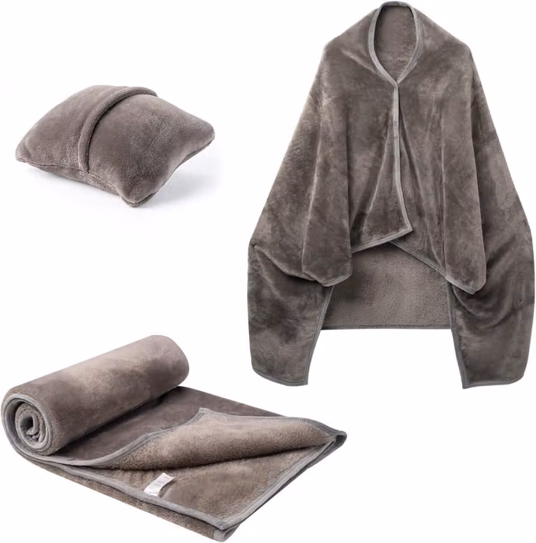 SolidKeus - Coperta da viaggio 3-in-1 con cuscino e funzione poncho