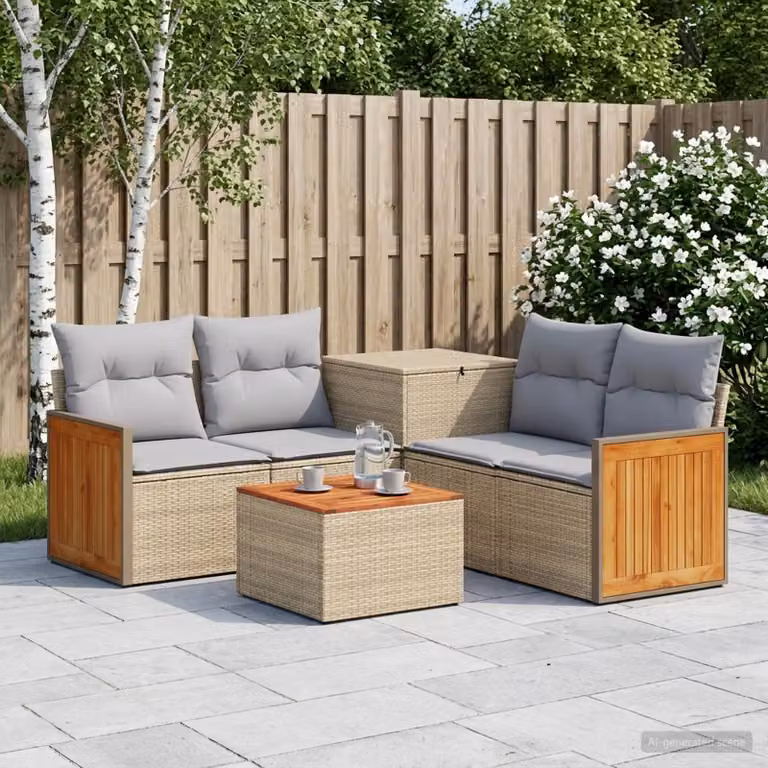 Set di divani da giardino vidaXL in polyrattan con forma a L, 6 pezzi, Beige e Grigio con cuscini e tavolino da caffè