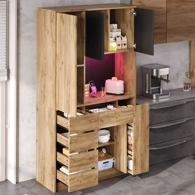 Mobile da bagno alto ¨C Minimal ¨C Bianco in legno multistrato 185x105x40 cm con ripiani regolabili e LED