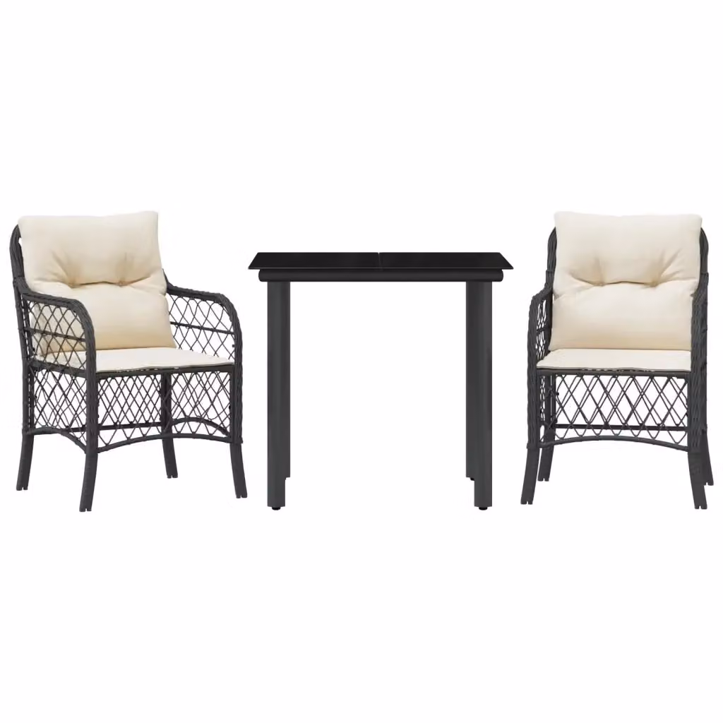 Set da Bistrò vidaXL 3 pz in Polyrattan Nero con Cuscini e Piano in Vetro – 2