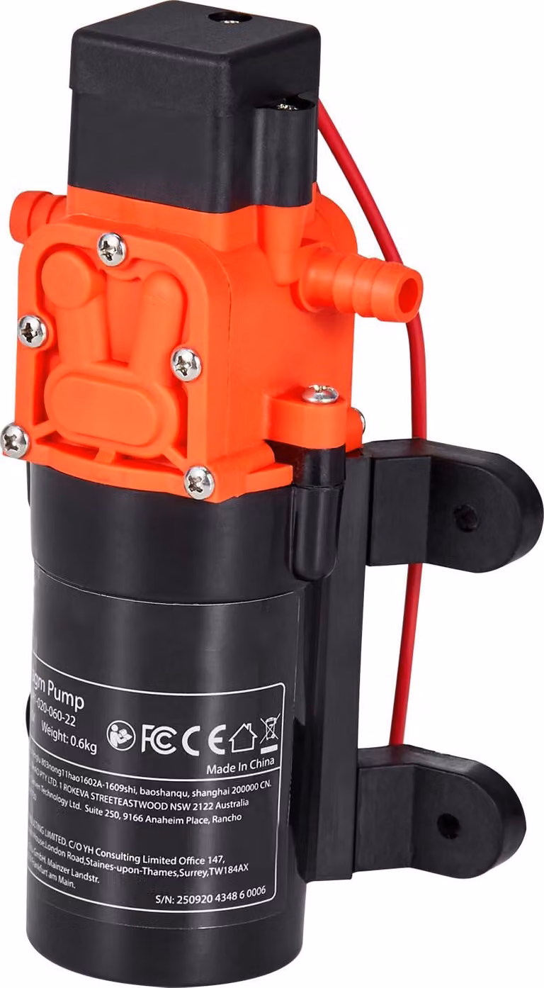 SucceBuy Pompa a membrana 12 V DC, 4,5 L/min, pompa d'acqua autoadescante a 2 camere con 2 fascette stringitubo, pressione massima di 5,5 bar, bassa rumorosità, adatta per camper, caravan, barche e irrigazione in giardino