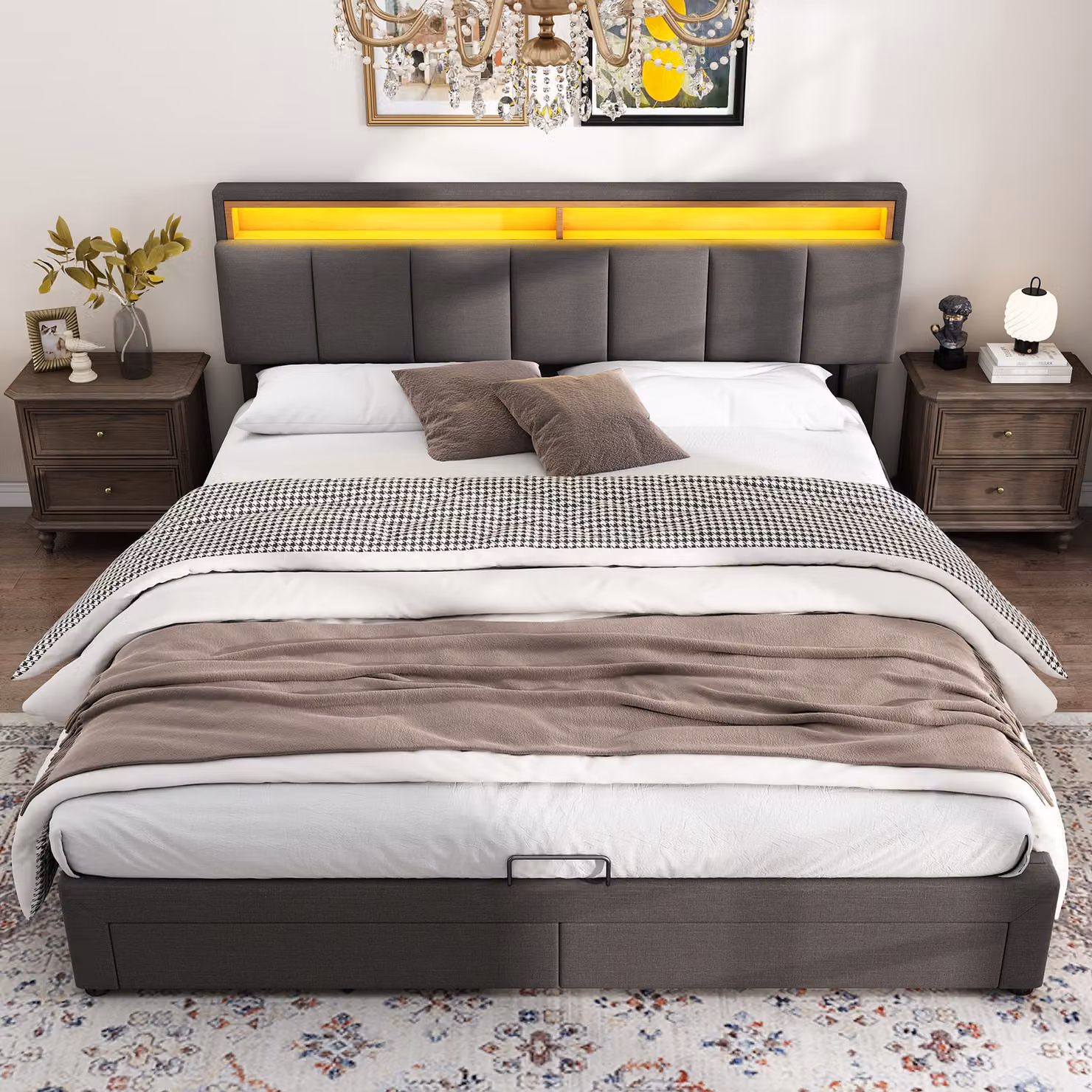 Letto imbottito STILVORA 160x200cm letto contenitore idraulico con illuminazione LED, letto per ragazzi con rete, testata riponibile grigio (con materasso)