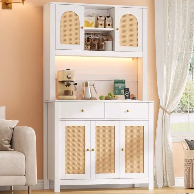 Armadio da cucina alto 100x40x180 cm, dispensa con 5 ante in rattan e 2 cassetti, illuminazione LED e prese, per soggiorno e sala da pranzo