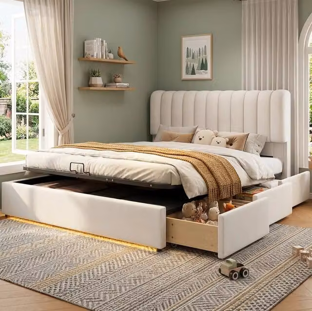 Letto contenitore per ragazzi 140x200 cm in velluto beige con LED; 3 cassetti e alzata idraulica