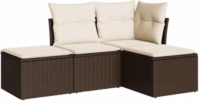 Set Divano da Giardino a L di 4 Pezzi DESIGN IN in Polyrattan Marrone con Cuscini Bianchi e Struttura in Metallo