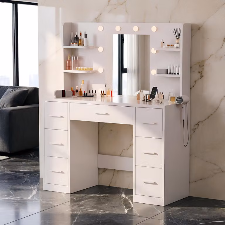 Comò da trucco JUMMICO con specchio e illuminazione a LED, 7 cassetti, dimensioni 108 x 40 x 1