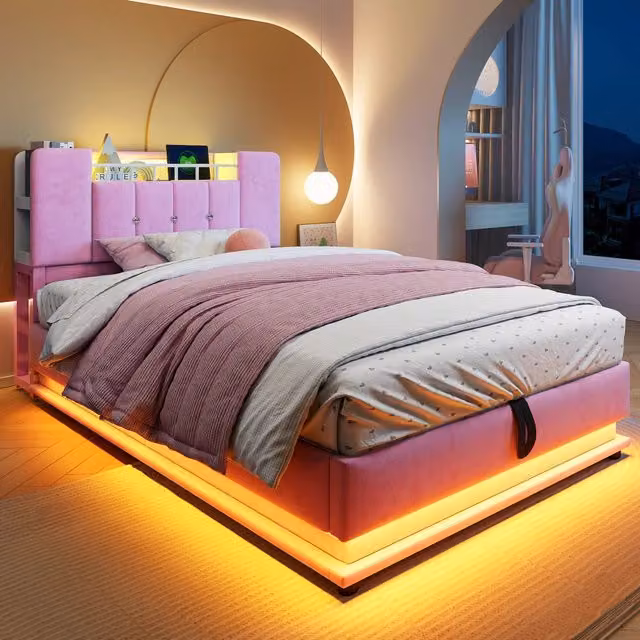 Letto imbottito per bambini WISHDOR in velluto rosa con LED, USB e contenitore idraulico, L/P/H: 90 x 200 x 107 cm