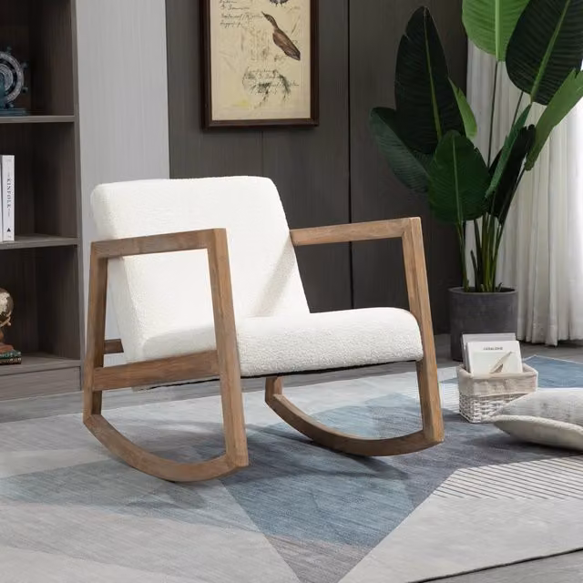 Poltrona a Dondolo in Legno di Caucciù Cremoso con Cuscino Imbottito, 60x81x71 cm