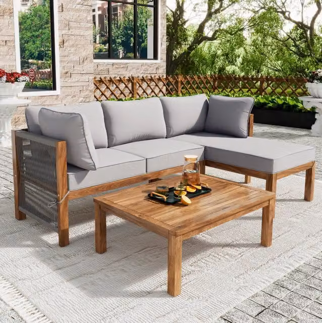 Set salotto da giardino 175x58x80 cm; intreccio a mano con cuscini sfoderabili; legno grigio