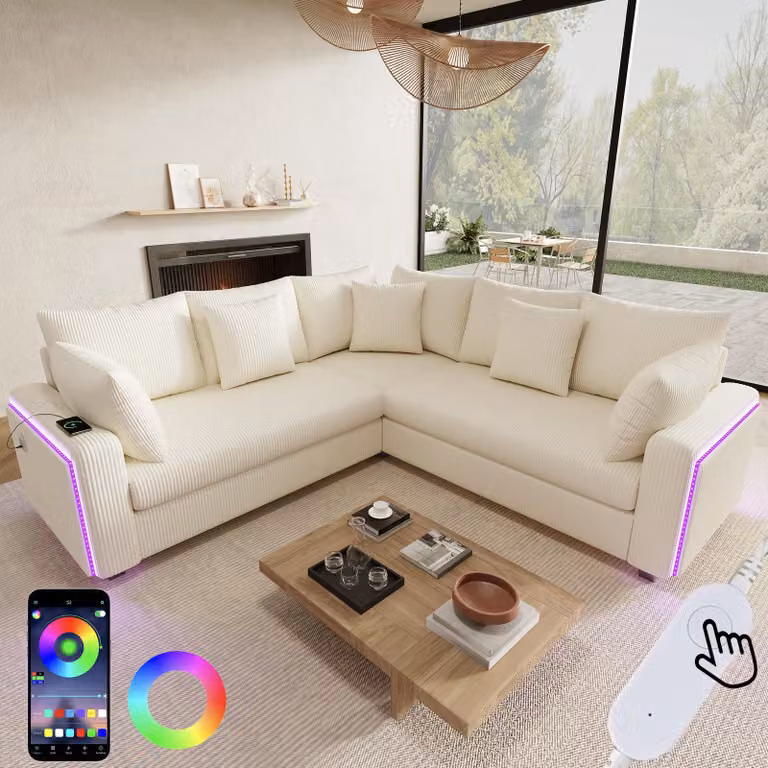 Divano ad L Merax con illuminazione a LED, porta di ricarica USB, cuscini, tessuto in velluto a coste, divano moderno per soggiorno, camera da letto, appartamenti, beige
