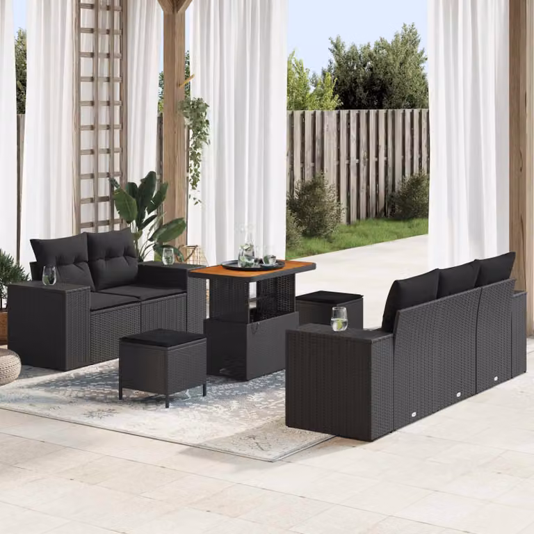 Set Divano da Giardino vidaXL 8 Pezzi in Polyrattan Nero con Cuscini e Tavolino da Caffè