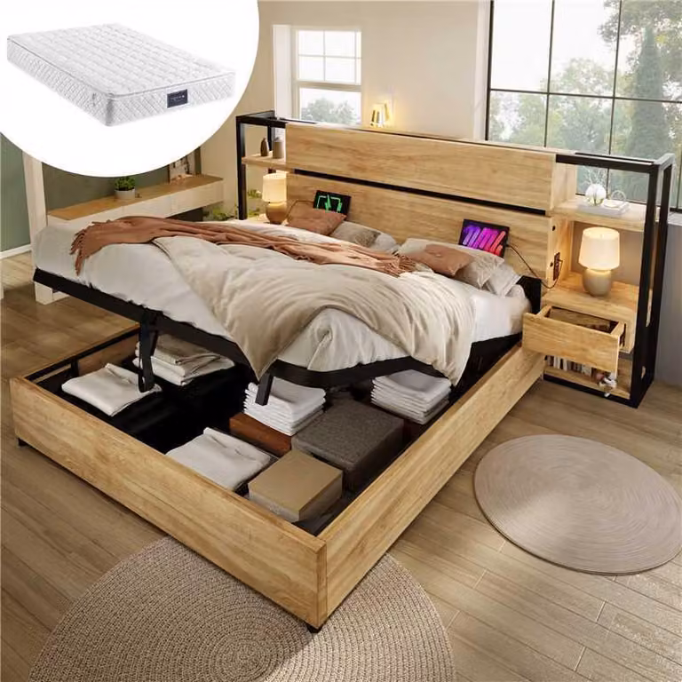 Letto matrimoniale in legno 160×200 cm, Letto contenitore idraulico, Testata contenitore con cassetti, Con materasso