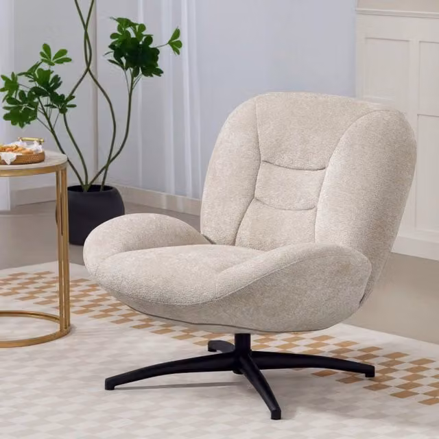 Poltrona girevole REDOM modello tub con braccioli, imbottitura in schiuma e rivestimento in tessuto beige e bianco per soggiorno – 1