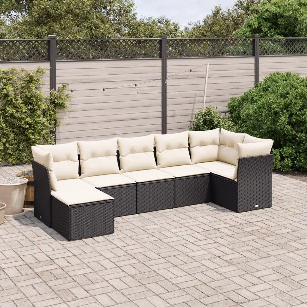 Set Divano da Giardino a L vidaXL con 7 Cuscini, Struttura in Metallo e Polyrattan, Nero e Bianco – 1
