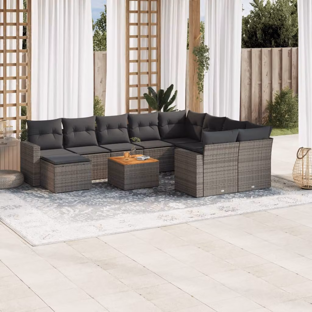 vidaXL Set Divani da Giardino a L 11 pz in Polyrattan Grigio con Cuscini e Tavolino