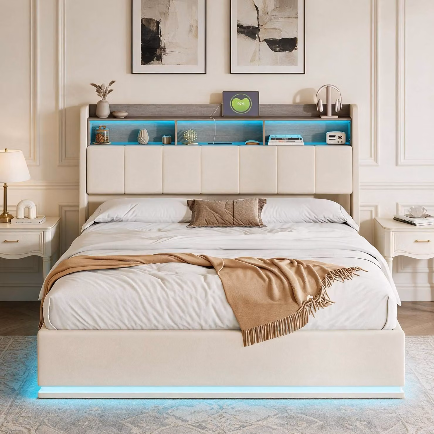 Letto imbottito INONEFT, 160x200 cm, con struttura a molle e spazio contenitore ad apertura idraulica, letto per ragazzi con illuminazione a LED e prese USB, rivestito in velluto, color beige