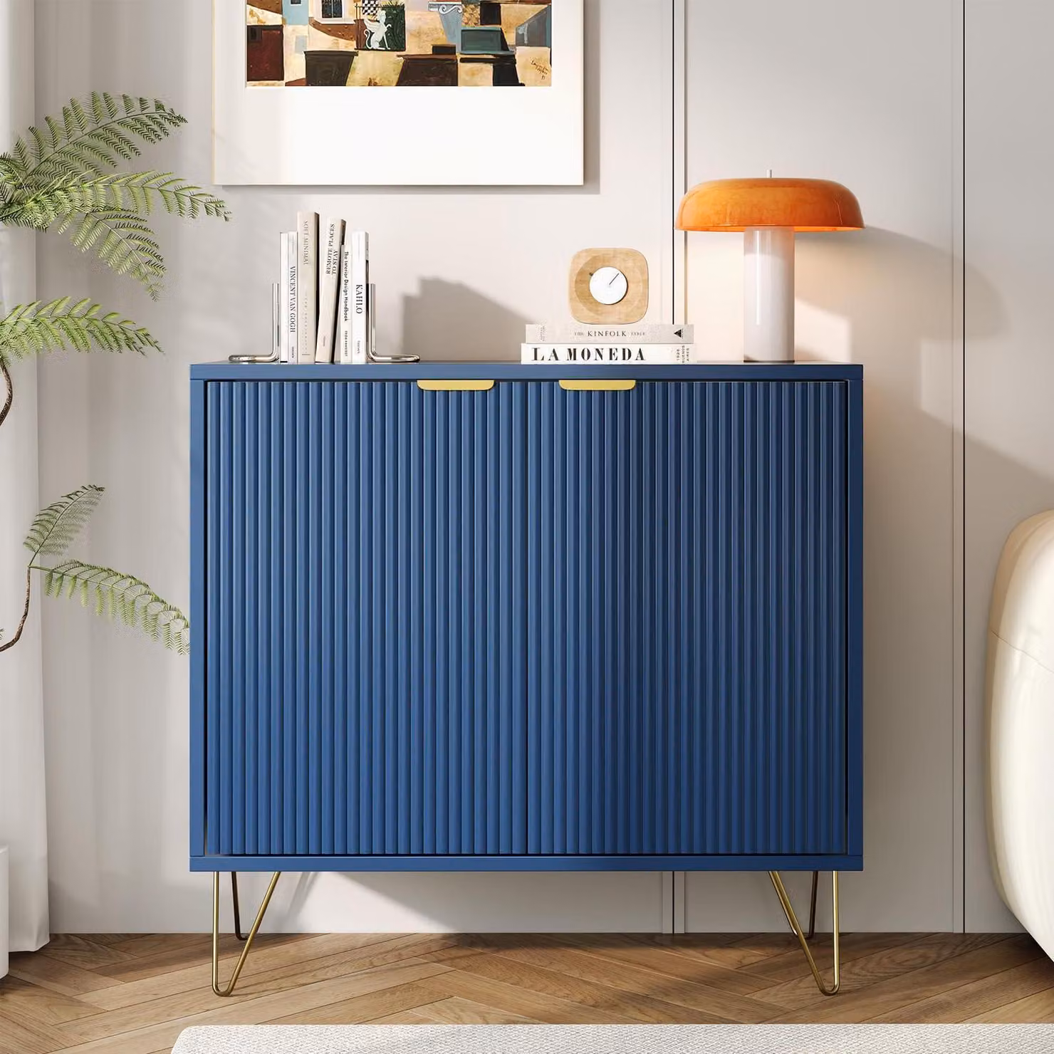 Credenza Blau con 2 ante e gambe in metallo dorato