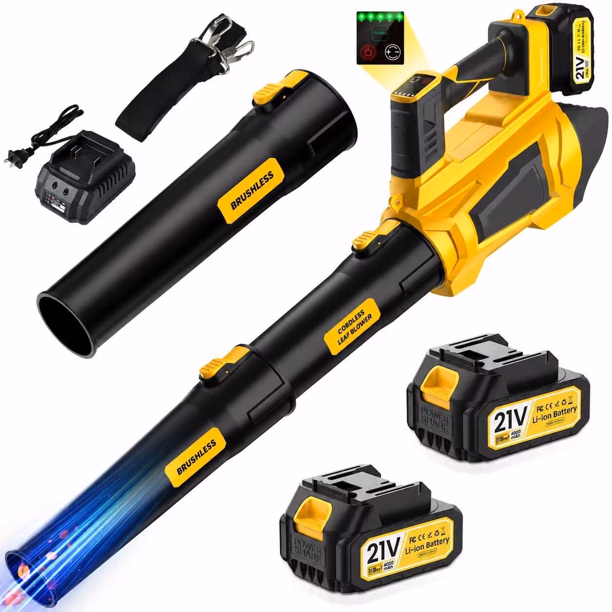 Soffiatore elettrico - 21 Volt - Senza fili - Portata d'aria di 150 m3/h - Colore nero