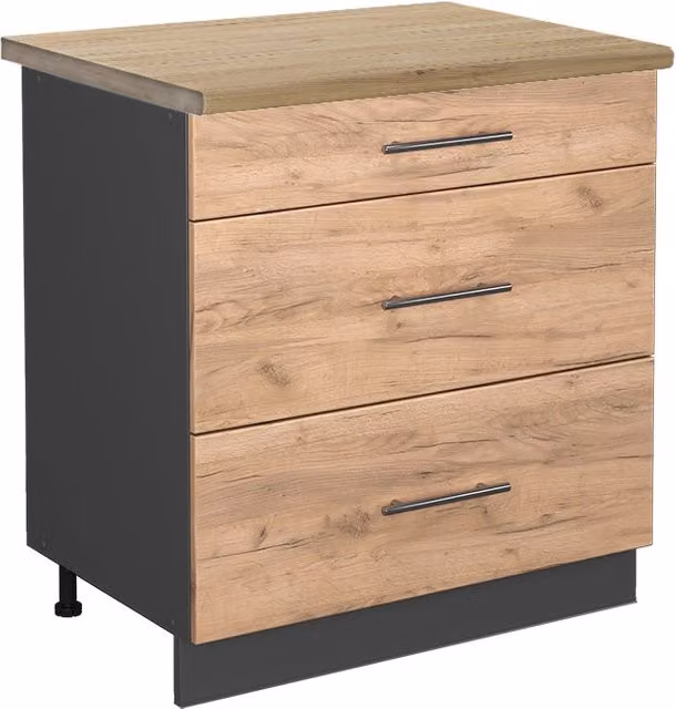 Mobiletto base per cucina Fame-Line Rovere dorato/Antracite 80 cm con 3 cassetti, PL Rovere Vicco