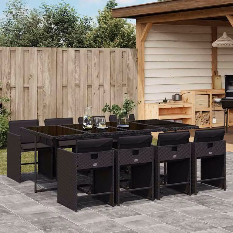 vidaXL Set da Pranzo da Giardino 9 pz in Polyrattan Nero con Cuscini e Tavolo in Vetro