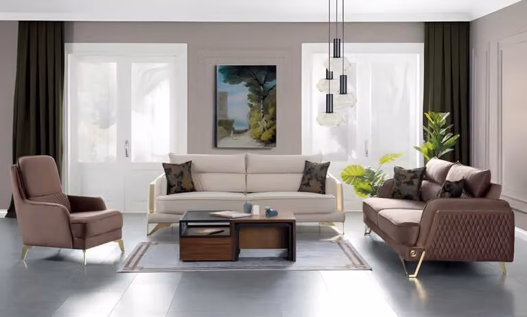 Sofagarnitur 3+3+1 Sitzer Creme Braun Goldfüße Luxus Stoff Wohnzimmer Design