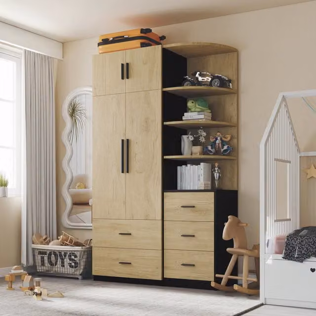 Armadio moderno con ante a battente, cassetti interni e asta appendiabiti, L/P/H: 110 x 40 x 186 cm, nero e marrone