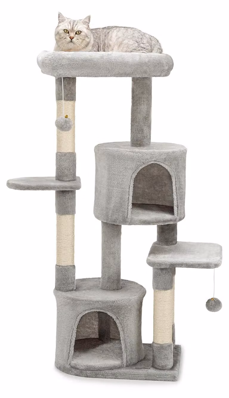 tiragraffi per gatti lionto 115 cm, albero di arrampicata stabile con 3 livelli, 2 grotte e 4 paletti in sisal, incl. supporto da parete, grigio chiaro