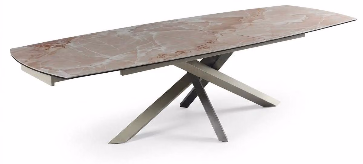 Tavolo da pranzo, finitura effetto marmo beige, struttura in metallo, design moderno, stile di tendenza
