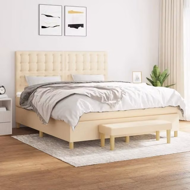 Letto Ibrido con Giroletto a Molle e Materasso vidaXL in Tessuto Beige e Bianco L/P/H: 160 x 200 x 128 cm
