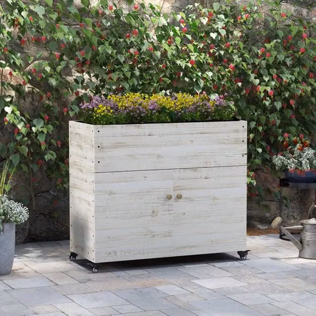 Fioriera Rialzata REDOM con Vano Contenitore in Legno di Abete Bianco e Ruote L: 110 cm, P: 50 cm, H: 95 cm