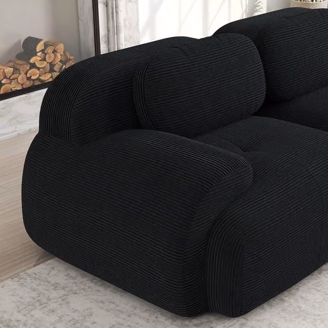 Divano angolare moderno Minimal in velluto nero con cuscini