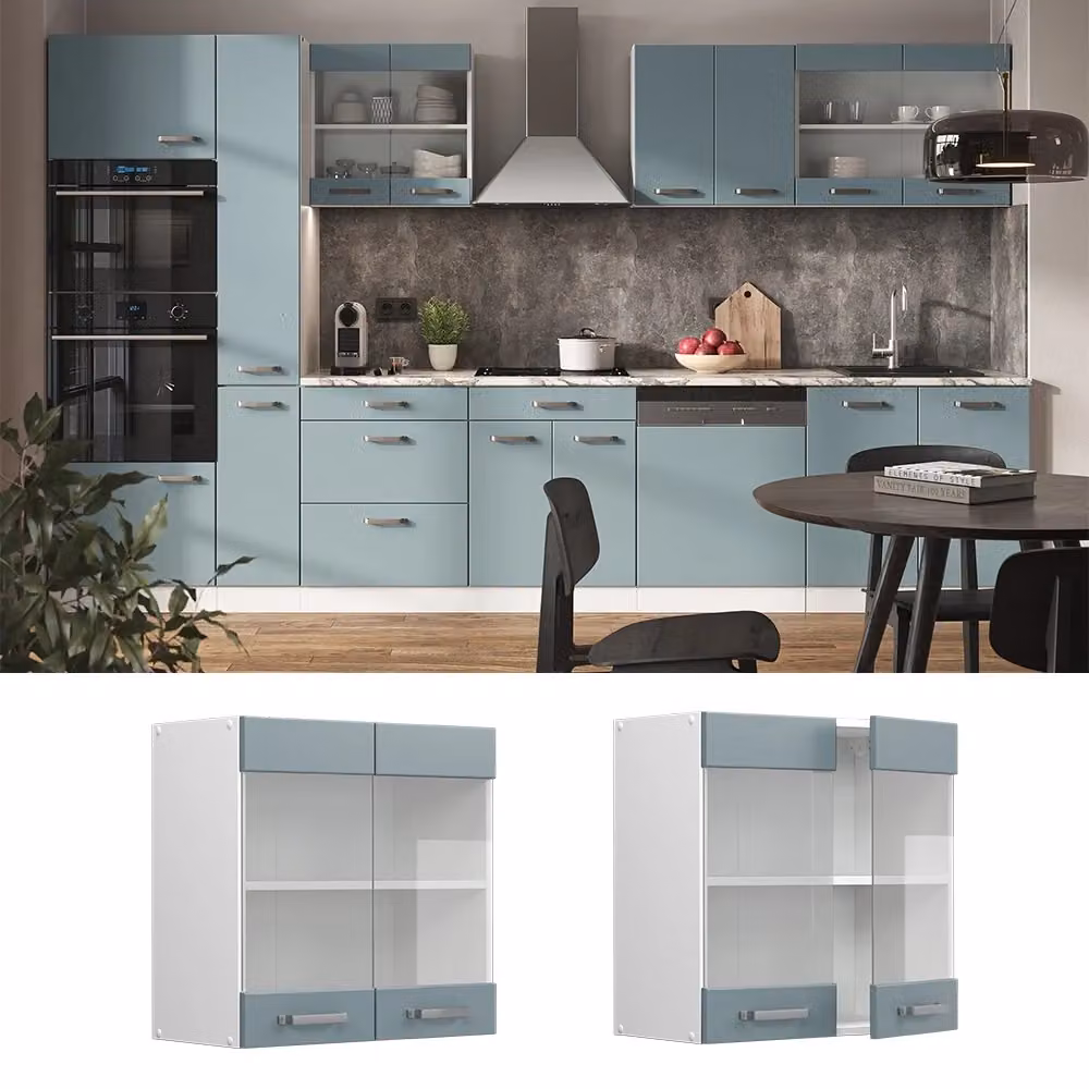 Pensile da cucina moderno Vicco R-Line con ante in vetro, Grigio-blu/Bianco, L: 60 cm – 2