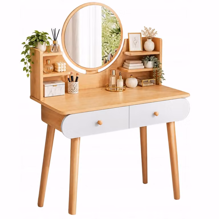 Tavolo da toeletta cosmetico per il trucco con specchio grande in stile scandinavo