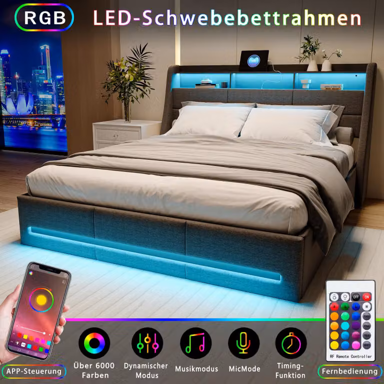 Letto imbottito INONEFT 160x200 cm con LED e USB, letto box con sistema idraulico e contenitore, letto matrimoniale con spazio contenitore, rete a doghe, tessuto in lino, colore grigio