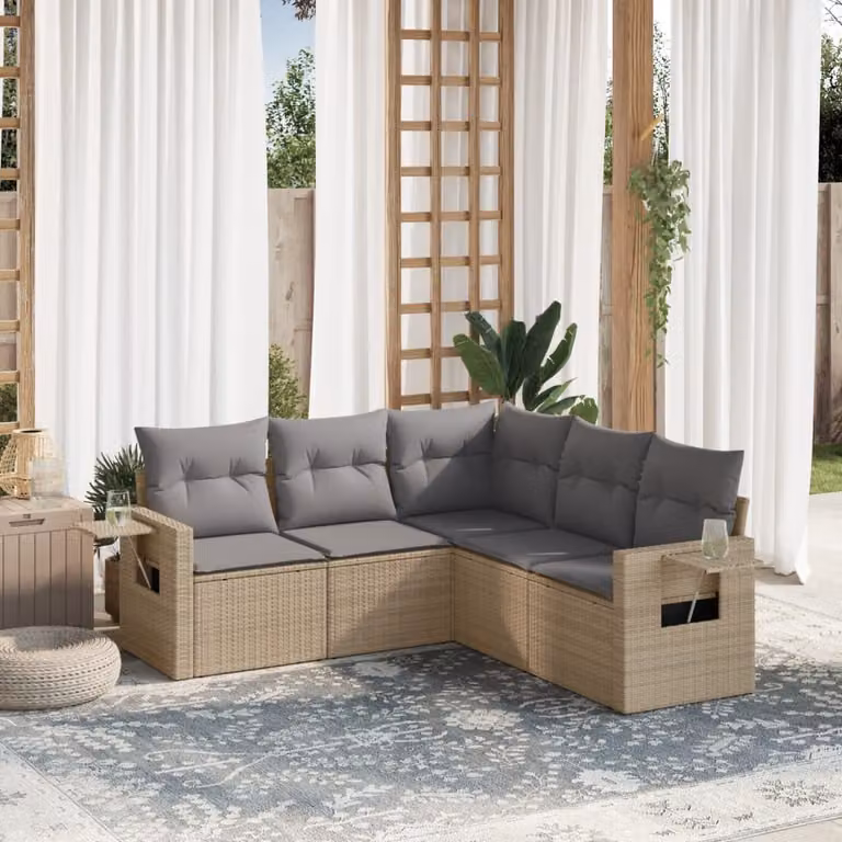 vidaXL Set Divano da Giardino a L 5 pz con Cuscini Beige e Grigio in Polyrattan e Metallo