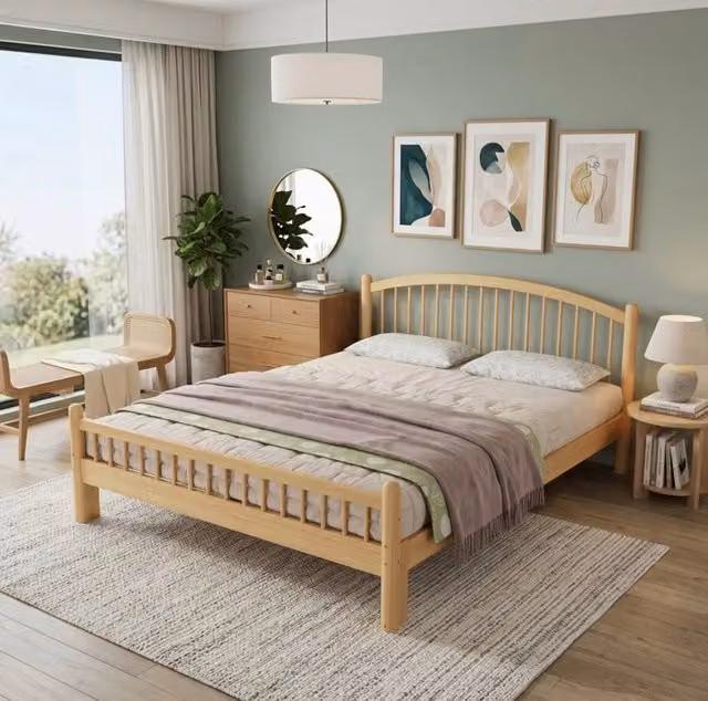 Letto ULEVR 140x200 cm in legno massello di pino con rete a doghe, beige e naturale