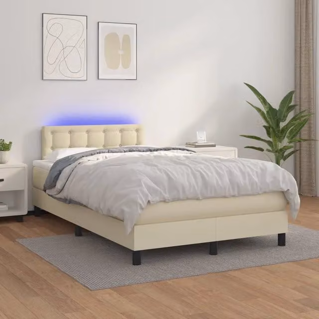 Letto con giroletto a molle, materasso ibrido, illuminazione LED e porta USB vidaXL, color crema e beige, L/P: 120 x 200 cm