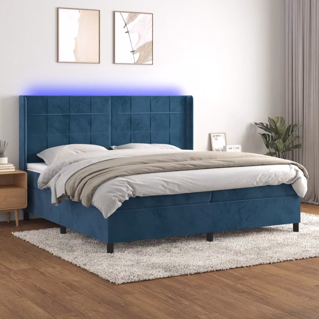 The Living Store Letto a molle con materasso e LED in velluto blu scuro 200x200 cm