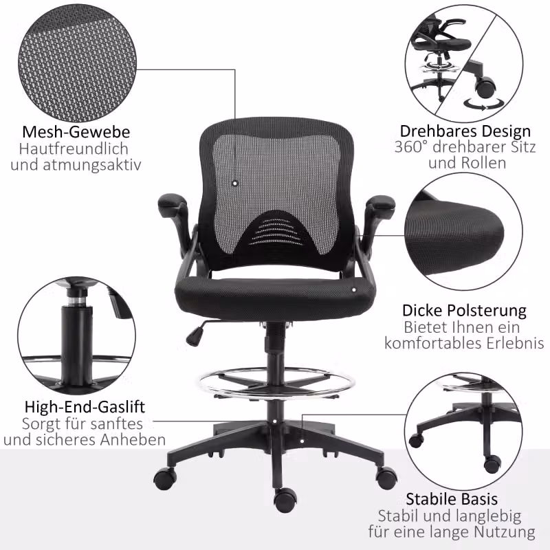 Sedia da ufficio girevole REDOM con poggiapiedi e funzione alzata, nera, L/P/H: 64 x 60 x 106-126 cm – 2