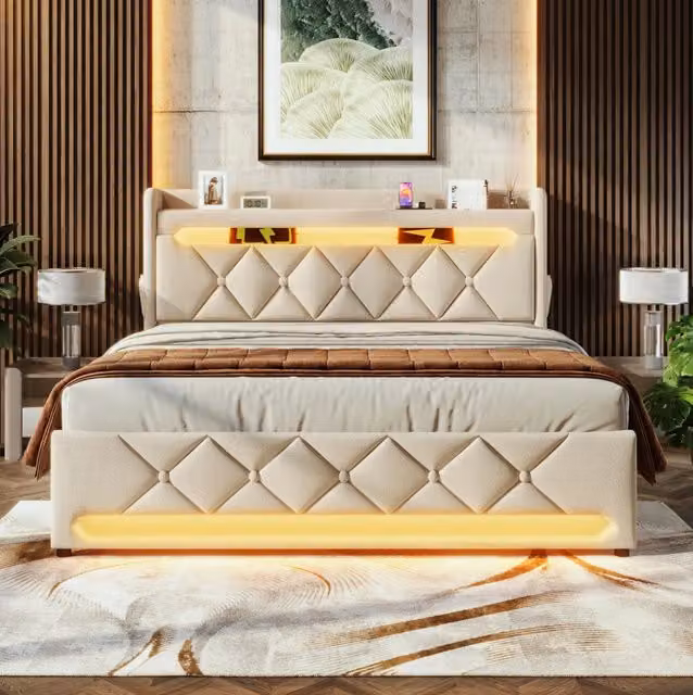 Letto matrimoniale 160x200 con LED, testiera con ricarica e contenitore idraulico