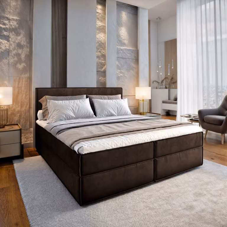 Letto a molle Masseno PELLIO 160x200 cm completo di materasso e topper Bonell, letto imbottito con cassettiera - marrone, MONOLITH 29