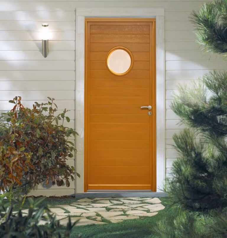 Porta d'ingresso in legno con vetrata Laura 3, H.215xL.90 cm, lato tavolo P. sinistra GD MENUISERIES