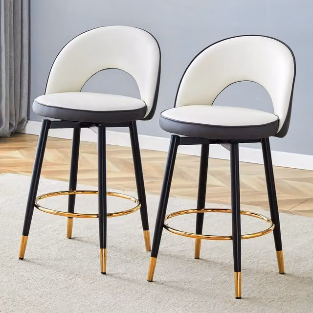 Sgabello da bar girevole a 360 gradi OKWISH con schienale traforato, struttura in metallo e rivestimento in ecopelle grigio scuro e bianco